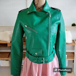 Shein Womens‎ Green Faux Leather Biker Jacket With Belt & Zip Pockets M
